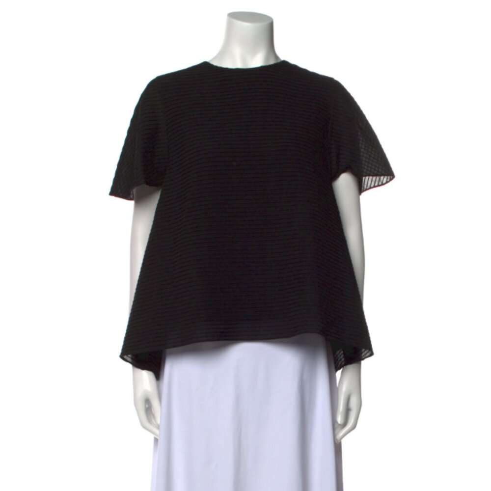 Balenciaga Womens Silk Top Size 38 Black Pleated Accents Crew Neck Zip Closure